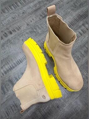 UGG Beige Suede Chelsea Boots with Bright Yellow Lug Sole